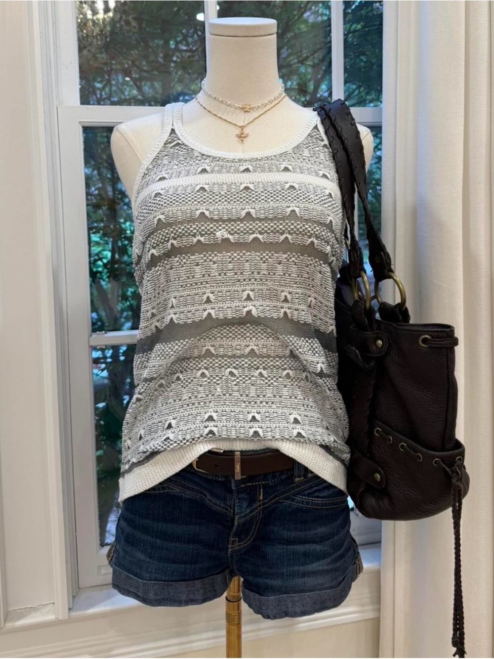 Inhabit Gray and White Knit Openwork Tank Top